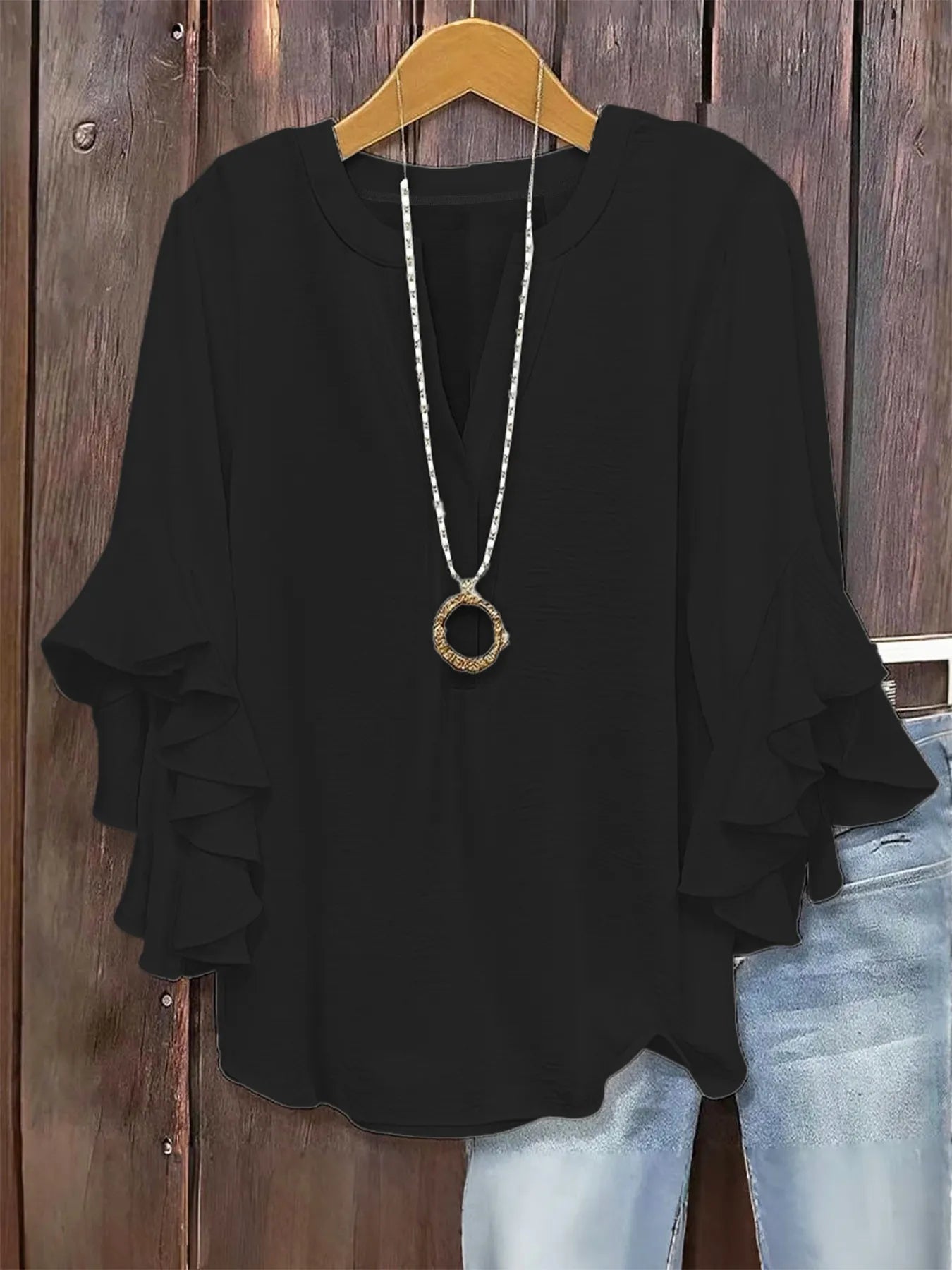 Women's V-Neck Top With Ruffle Sleeves