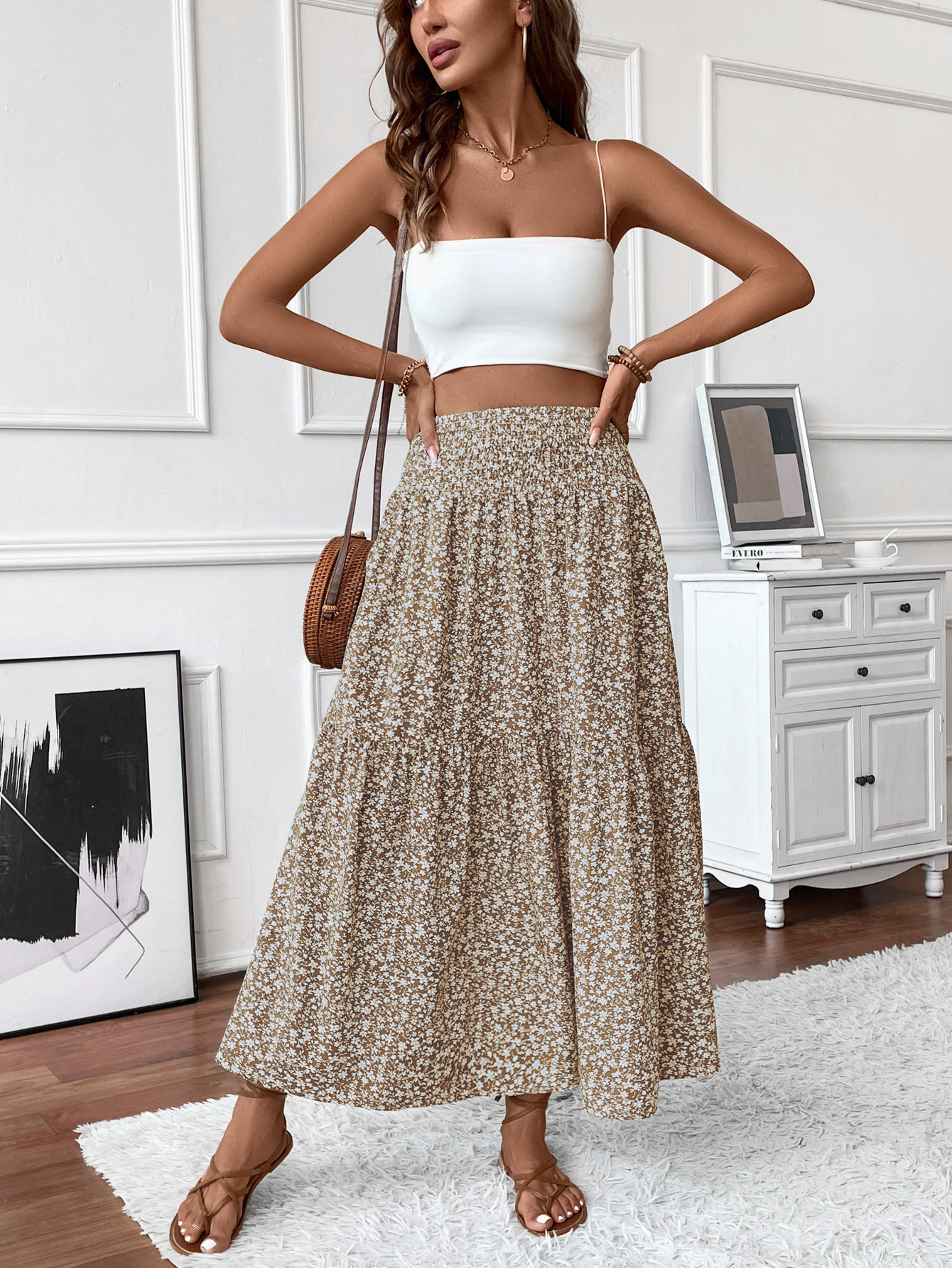Floral print three-layer patchwork long skirt - Buy 2 items and get free shipping!