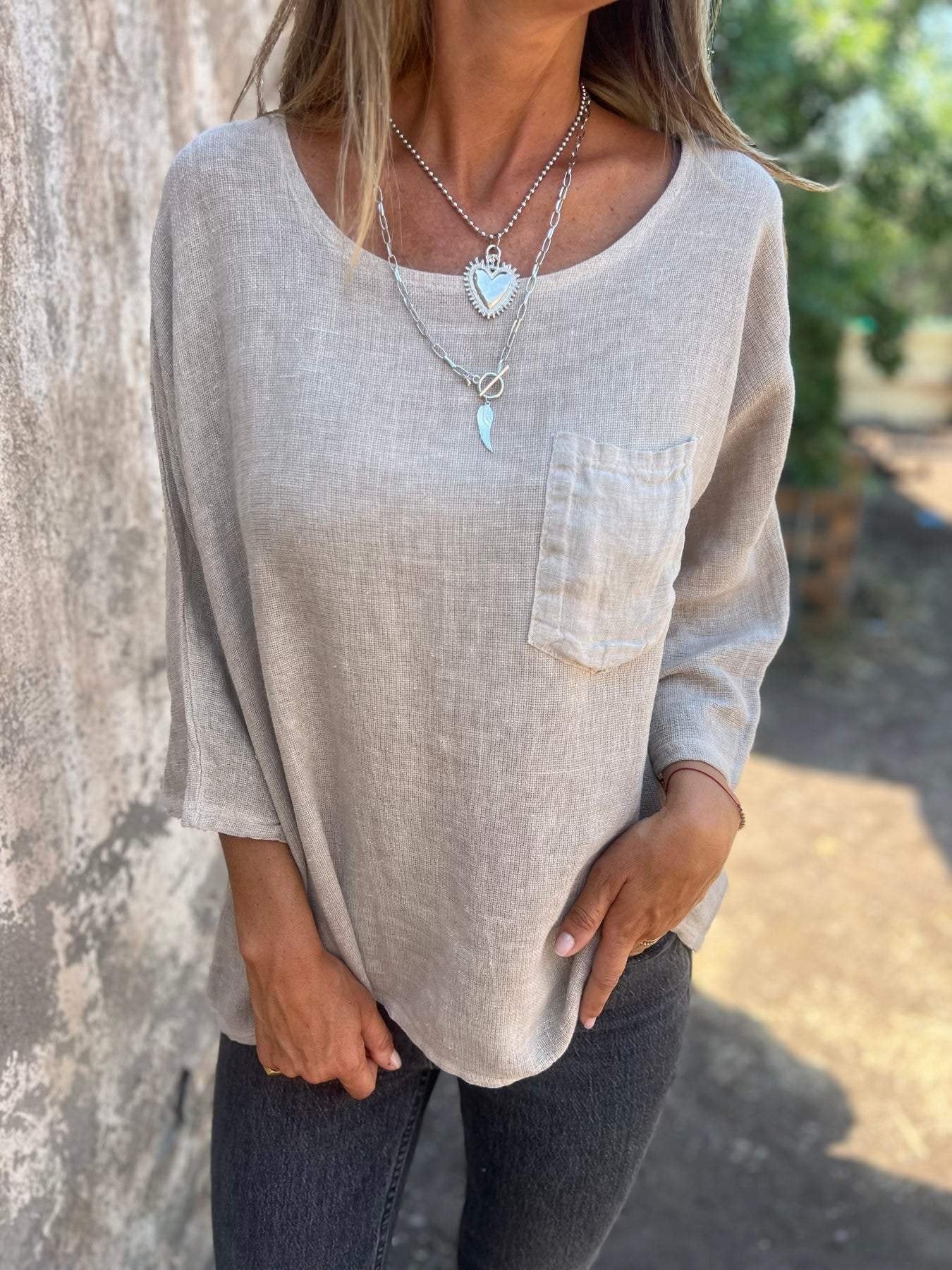 Round Neck Pocket Casual Cotton And Linen T-shirt (Buy 2 Free Shipping)