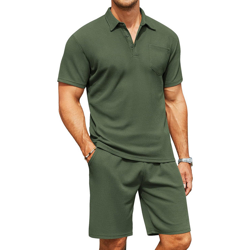 Mens Slim Fit Suit-Lapel Polo Shirt Short Sleeve T-Shirt Pocket Decoration Shorts Two Piece Set