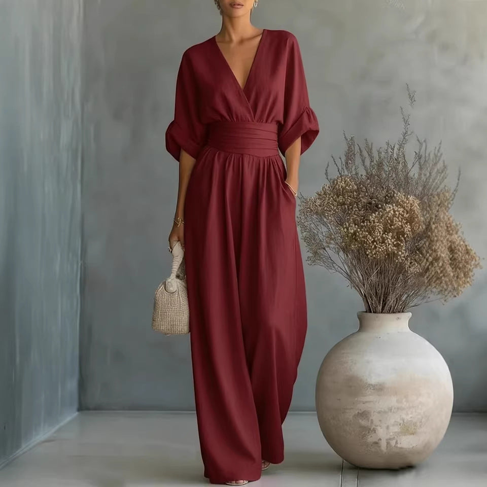 👠Women's Solid-Color Elegant V-Neck Jumpsuit with Waist-Defining Fit