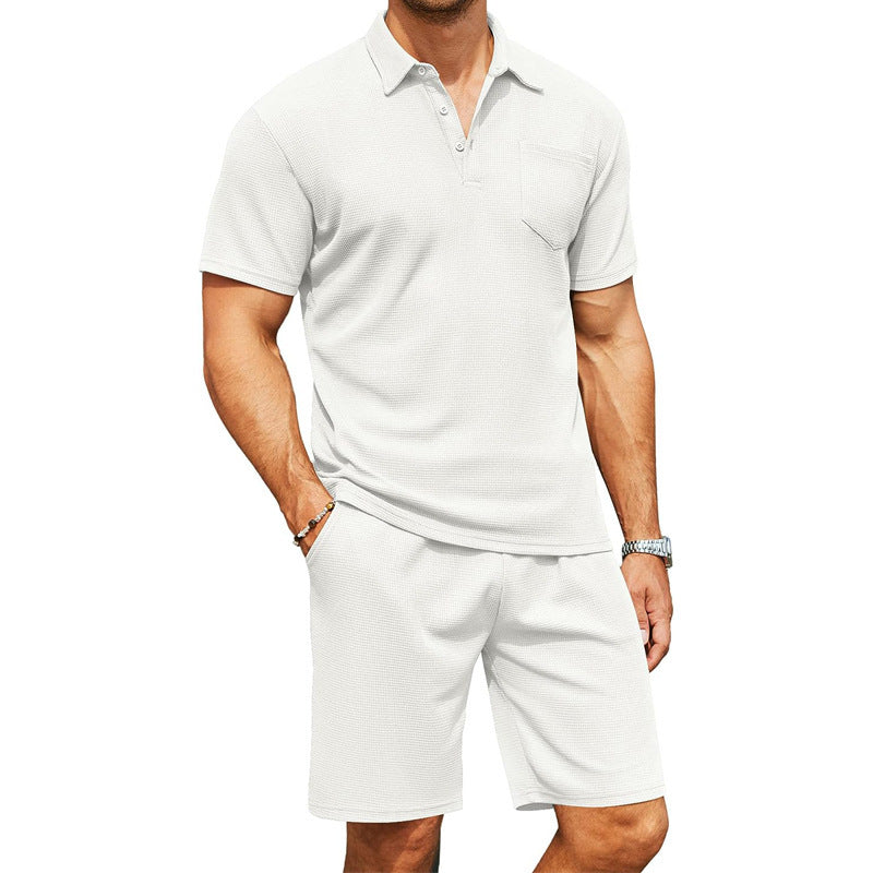 Mens Slim Fit Suit-Lapel Polo Shirt Short Sleeve T-Shirt Pocket Decoration Shorts Two Piece Set