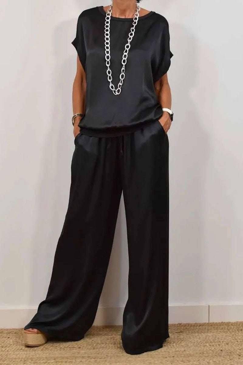 Women's Solid-Color Satin Casual Set（Short-Sleeve Top & Long Pants）
