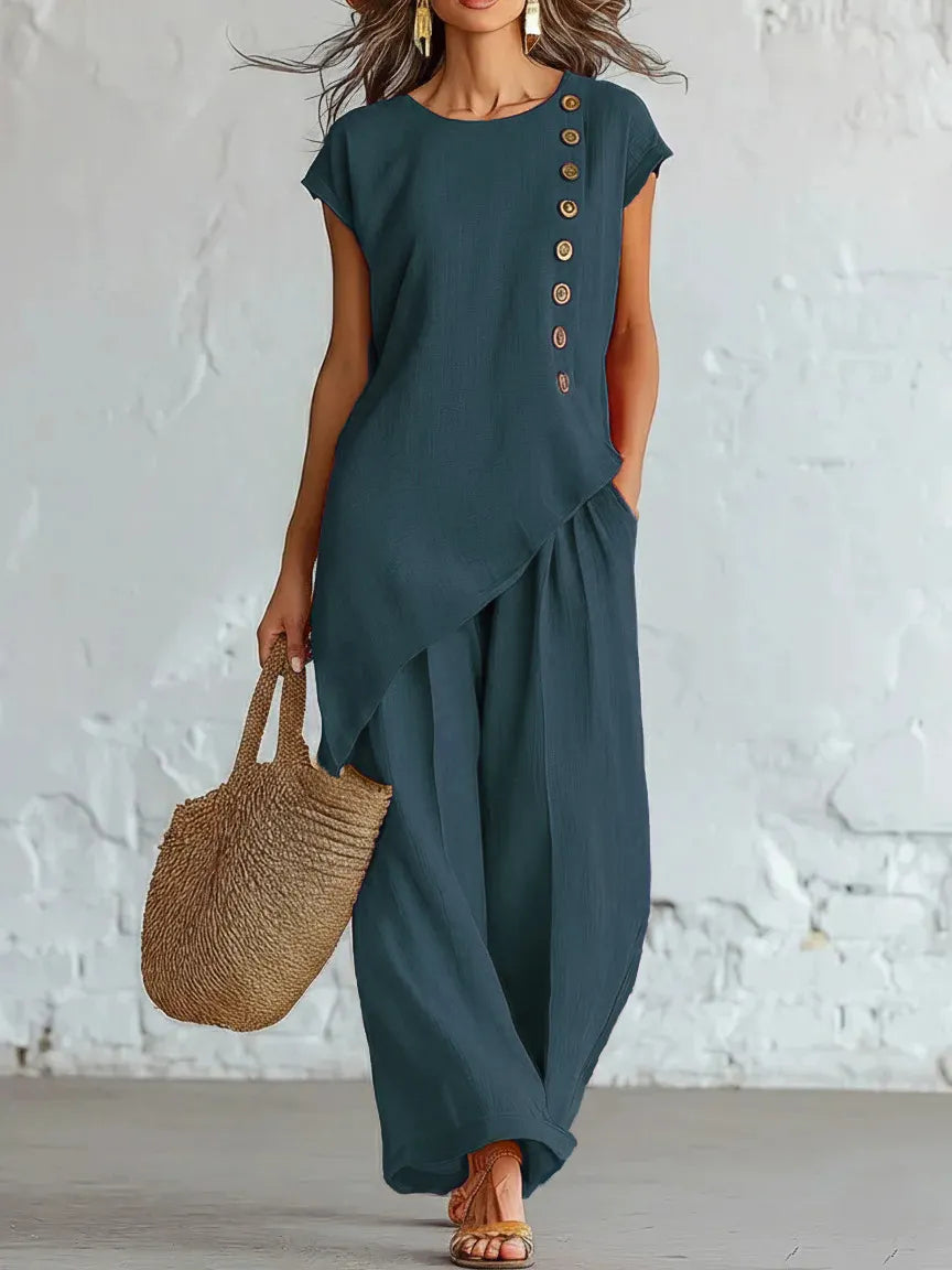 Asymmetrical Short-Sleeved Top And Wide-Leg Trousers Set