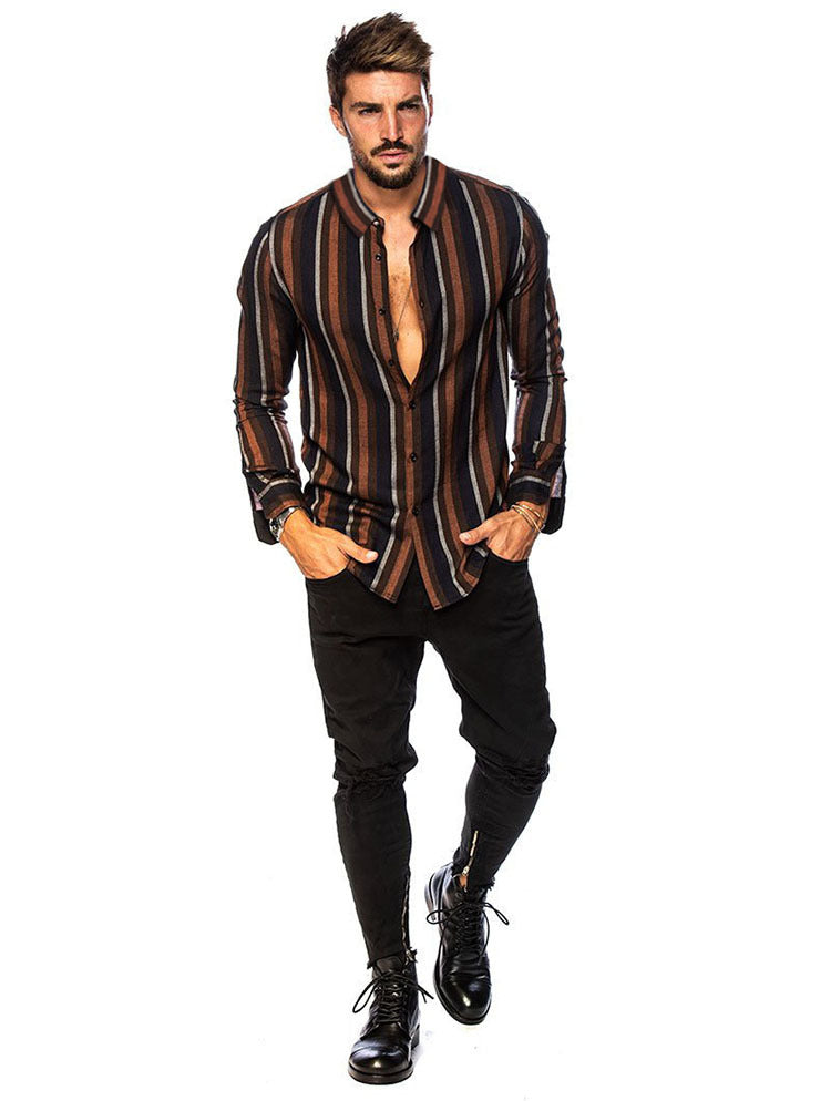 Men's Striped Shirt Slim Top Multicolor Lapel Casual Long Sleeve Shirt