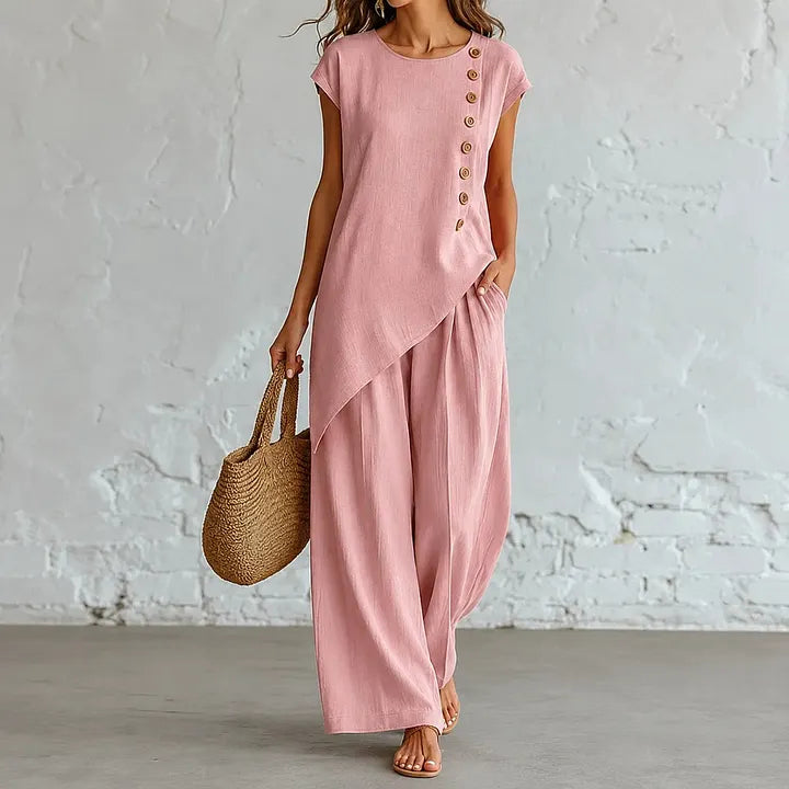 Asymmetrical Short-Sleeved Top And Wide-Leg Trousers Set