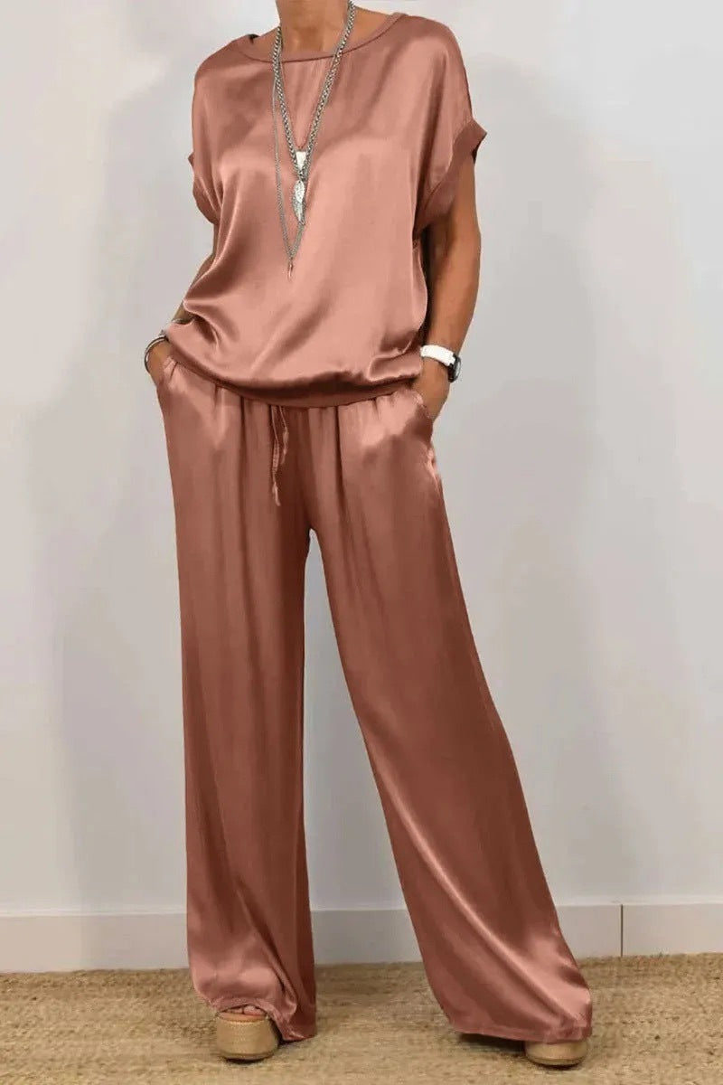 Women's Solid-Color Satin Casual Set（Short-Sleeve Top & Long Pants）