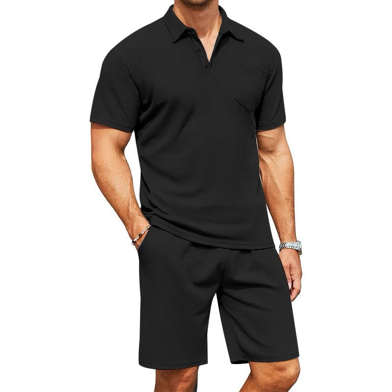 Mens Slim Fit Suit-Lapel Polo Shirt Short Sleeve T-Shirt Pocket Decoration Shorts Two Piece Set