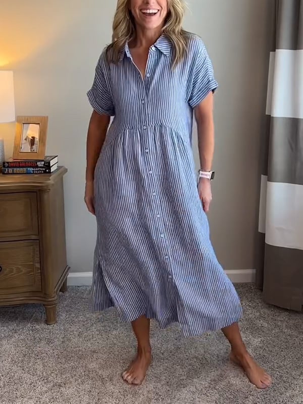 Striped Lapel Button Down Shirt Dress-With Functional Pockets