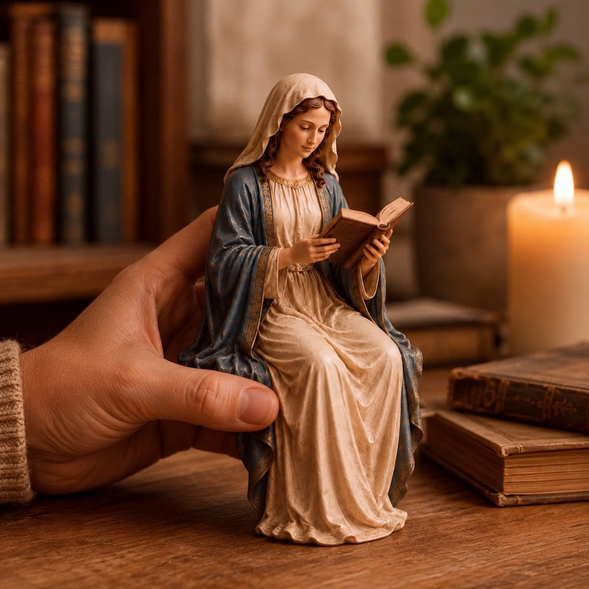 Serene Statue Of The Virgin Mary Reading