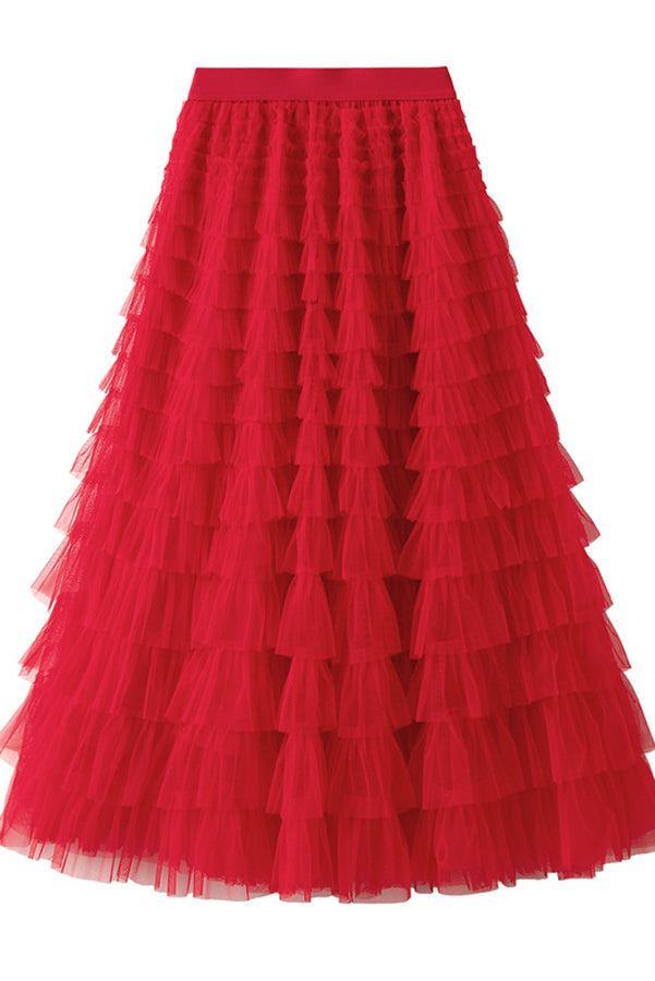 Tiered Elastic Waist Tulle Maxi Skirt