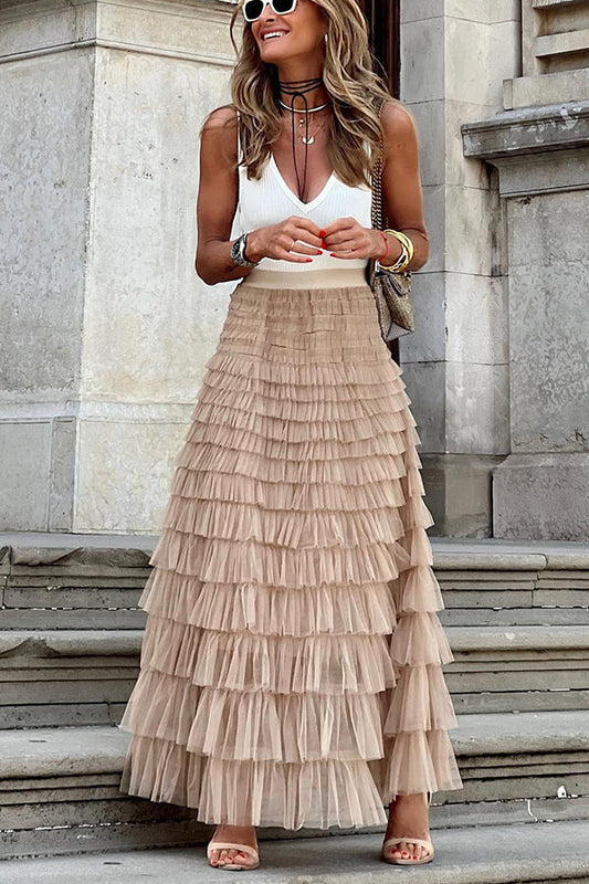 Tiered Elastic Waist Tulle Maxi Skirt