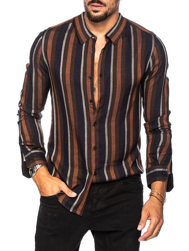 Men's Striped Shirt Slim Top Multicolor Lapel Casual Long Sleeve Shirt