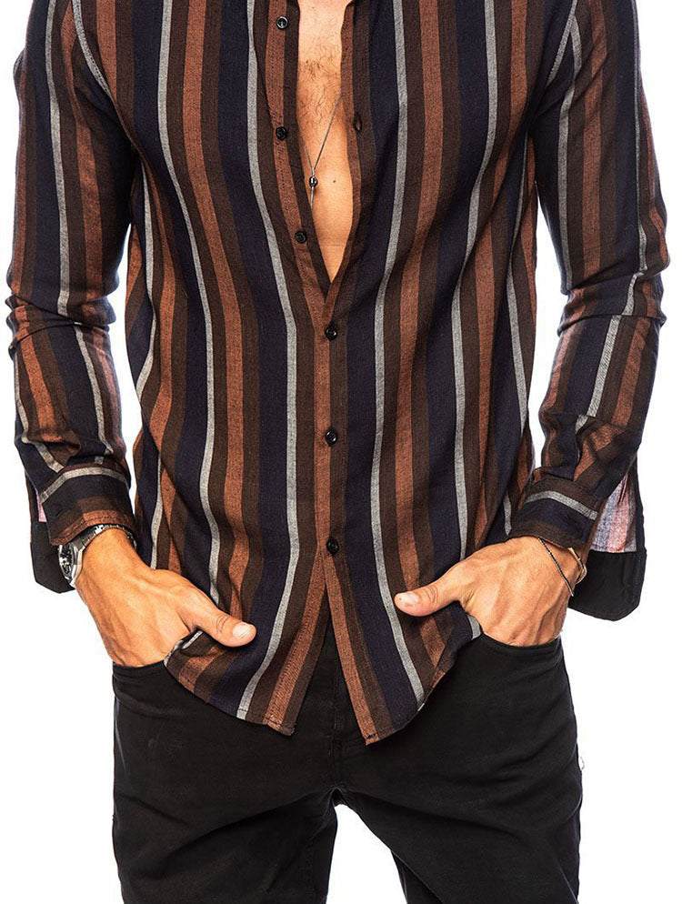 Men's Striped Shirt Slim Top Multicolor Lapel Casual Long Sleeve Shirt