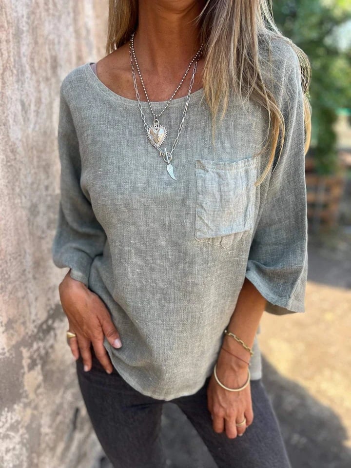 Round Neck Pocket Casual Cotton And Linen T-shirt (Buy 2 Free Shipping)