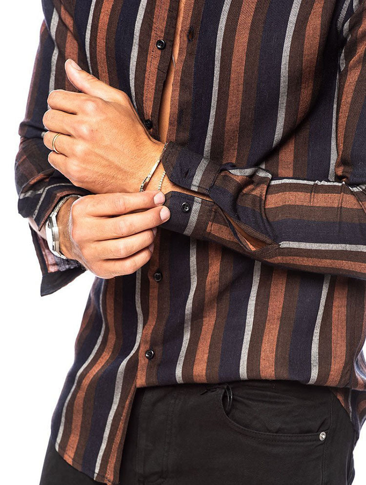 Men's Striped Shirt Slim Top Multicolor Lapel Casual Long Sleeve Shirt