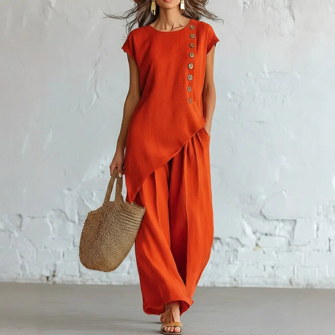 Asymmetrical Short-Sleeved Top And Wide-Leg Trousers Set