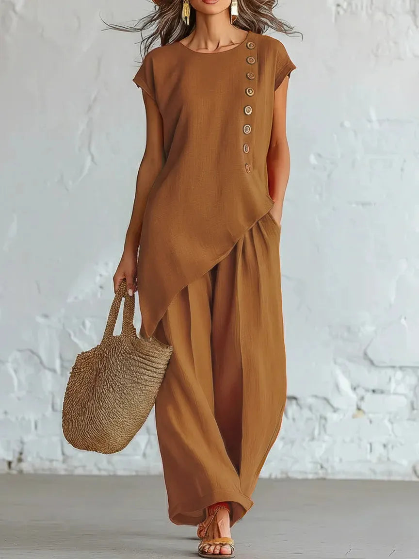 Asymmetrical Short-Sleeved Top And Wide-Leg Trousers Set