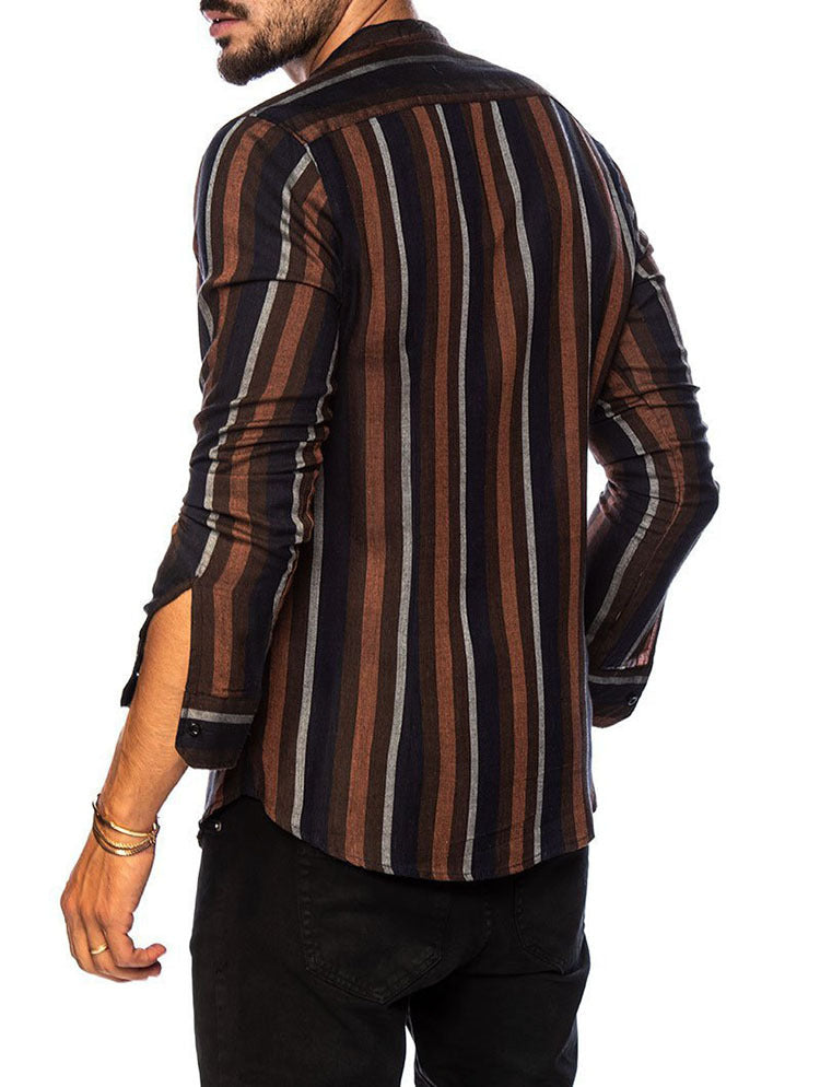 Men's Striped Shirt Slim Top Multicolor Lapel Casual Long Sleeve Shirt