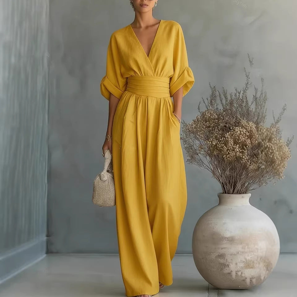 👠Women's Solid-Color Elegant V-Neck Jumpsuit with Waist-Defining Fit