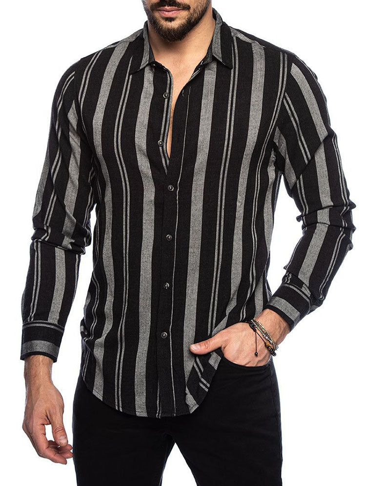 Men's Striped Shirt Slim Top Multicolor Lapel Casual Long Sleeve Shirt