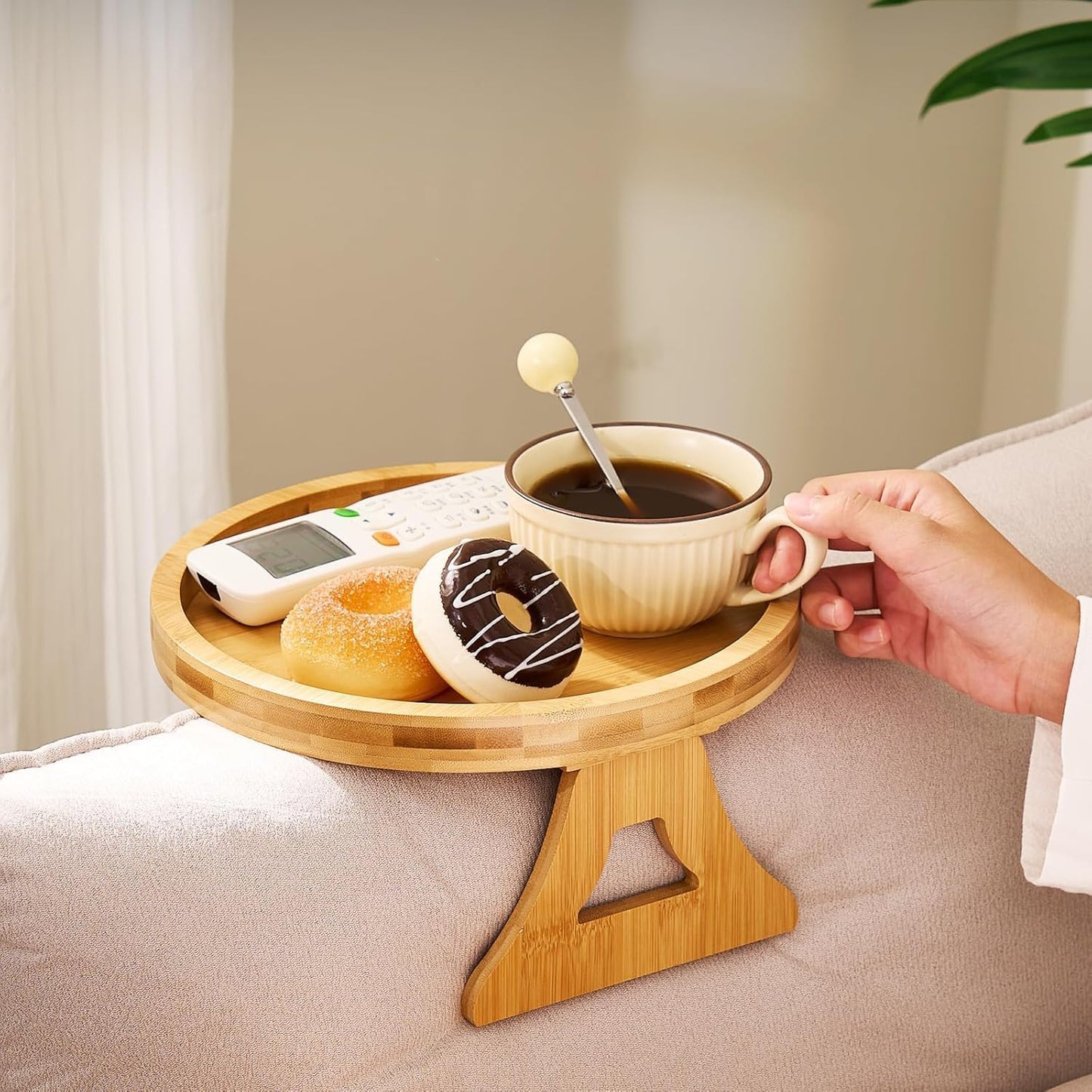 Natural Solid Wood Round Sofa Tray