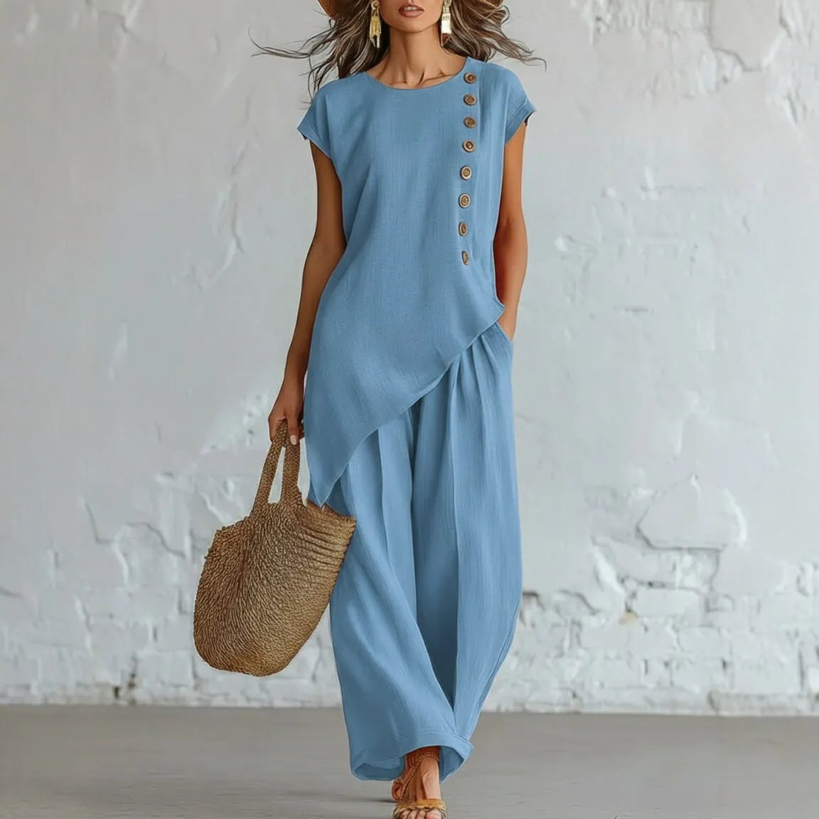 Asymmetrical Short-Sleeved Top And Wide-Leg Trousers Set