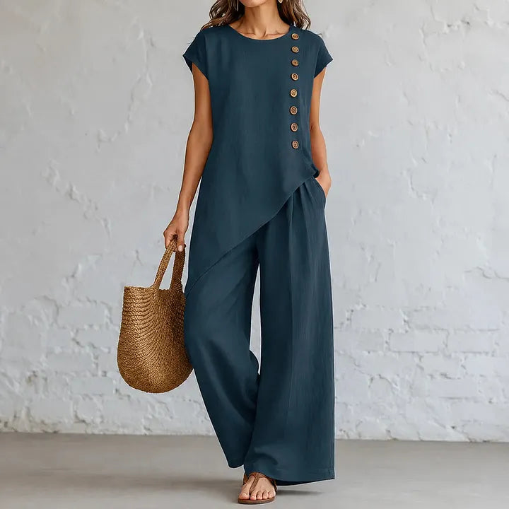 Asymmetrical Short-Sleeved Top And Wide-Leg Trousers Set