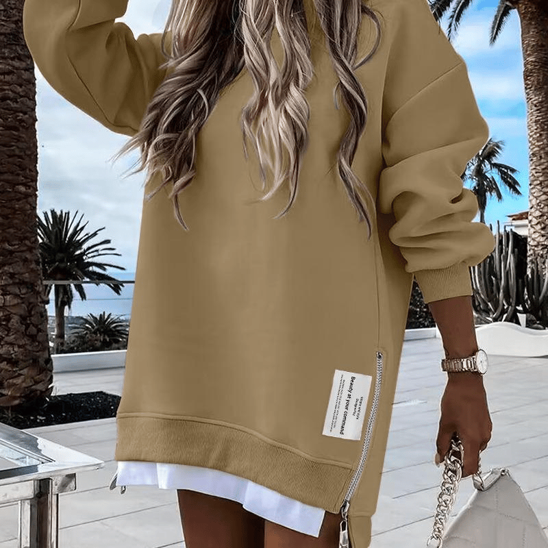 Long Sleeve Pullover Sweatshirt Zipper Slit Casual Dress