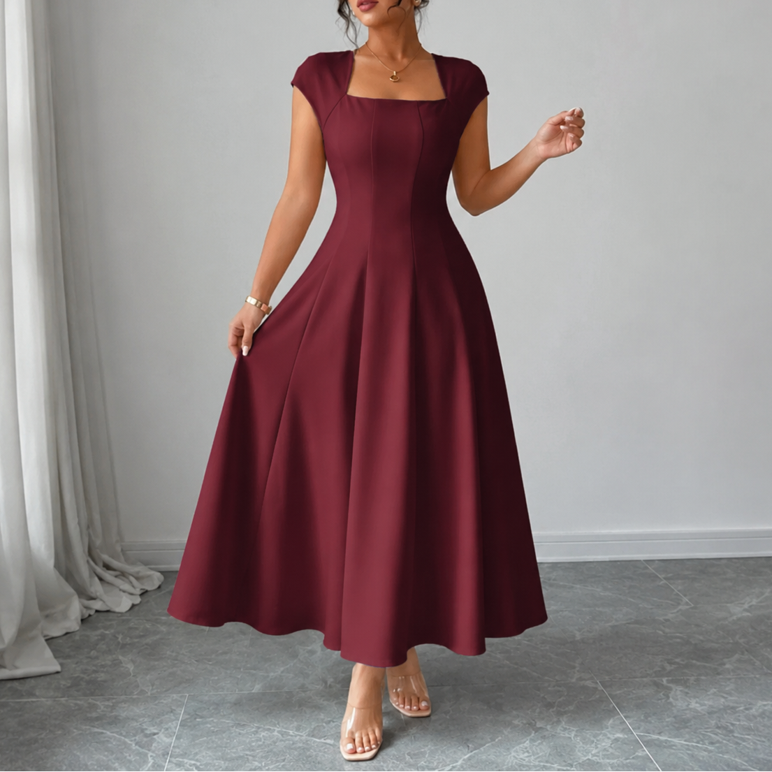 Women's Elegant Square-Neck A-Line Summer Dress