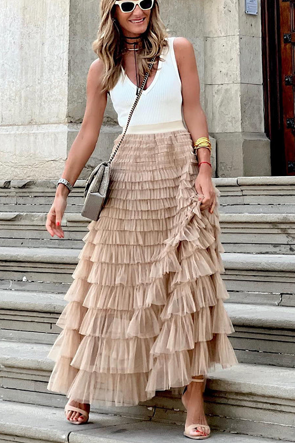 Tiered Elastic Waist Tulle Maxi Skirt