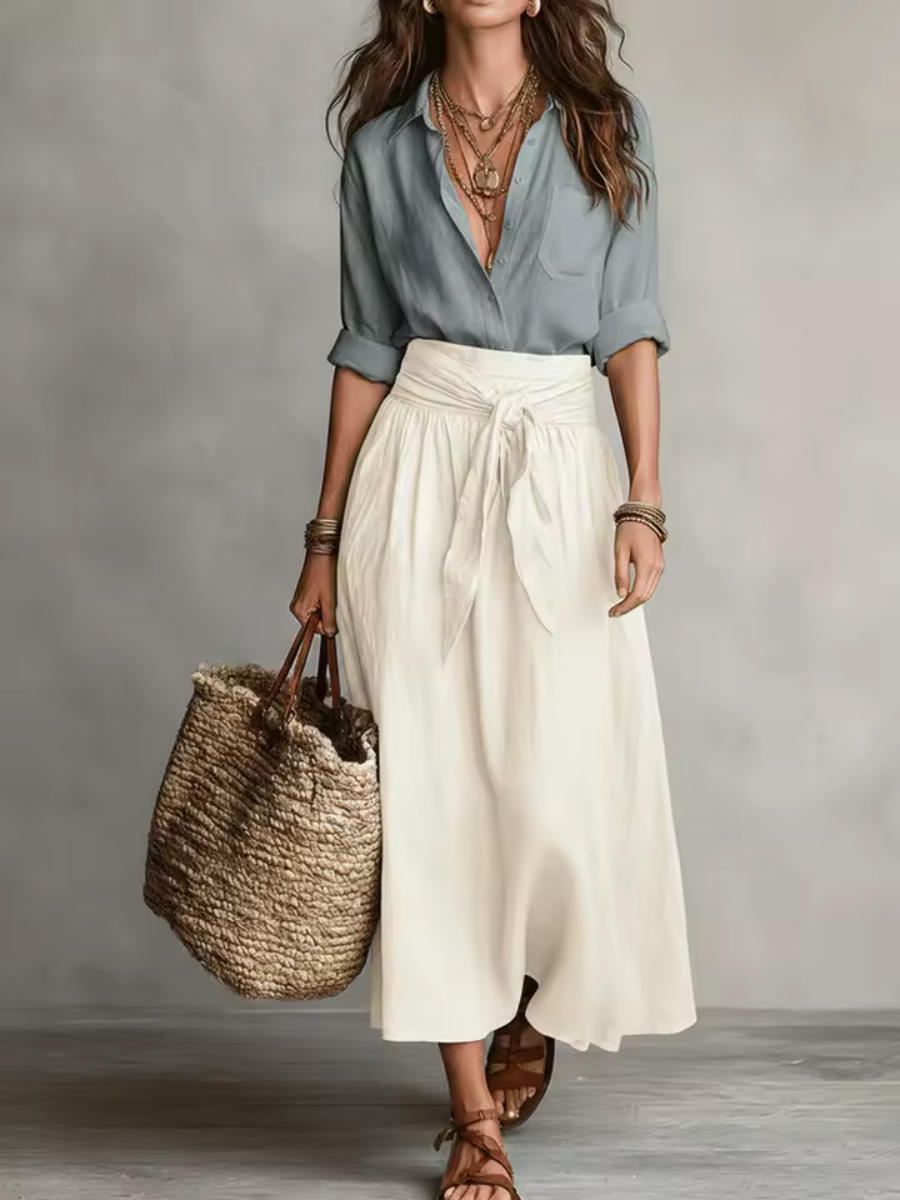 ⛱️Women Black Color-Block T-Shirt and Olive Green Midi Skirt