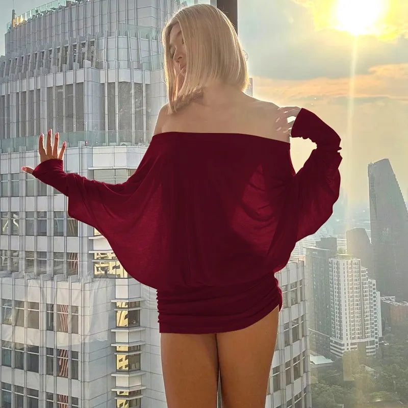 Women's Off The Shoulder Ruched Party Dress Sheer Long Sleeve Mini Dress Elegant Bodycon Dresses