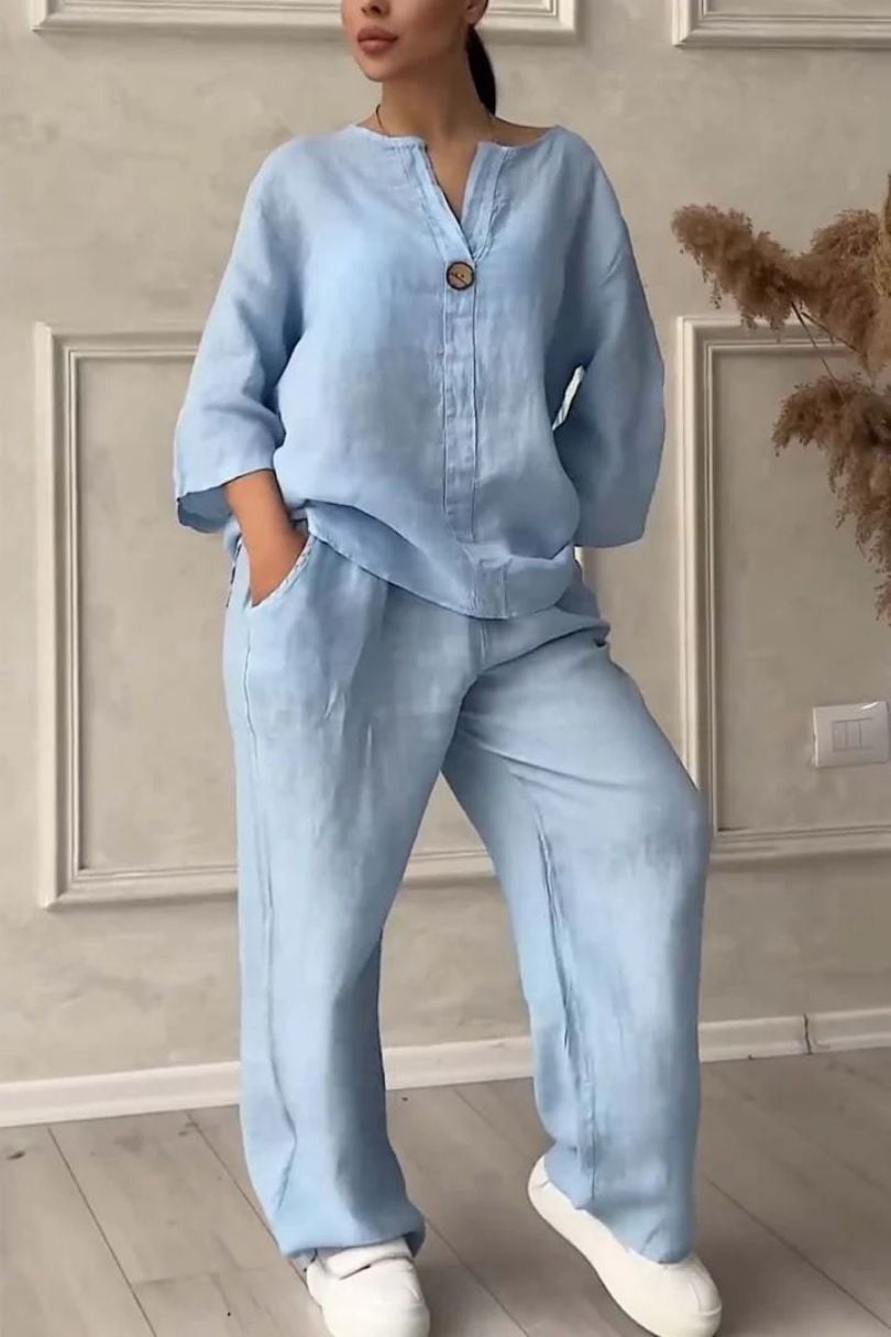 Women's Casual Button Decorated Cotton And Linen Two-Piece Set