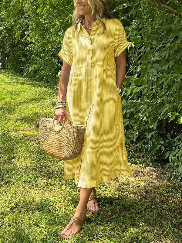 Striped Lapel Button Down Shirt Dress-With Functional Pockets