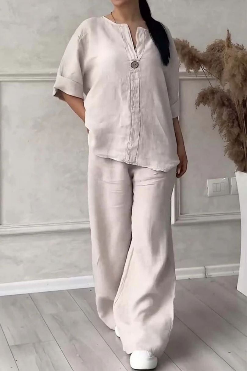 Women's Casual Button Decorated Cotton And Linen Two-Piece Set