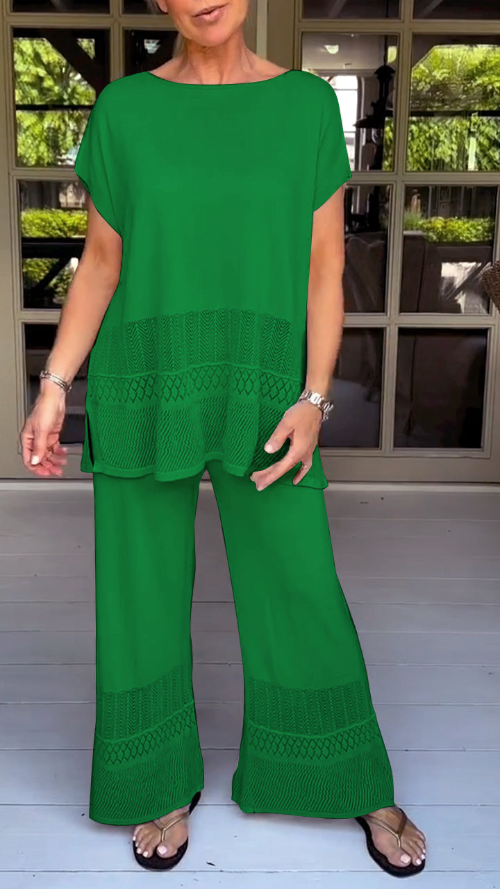 Two-Piece Suit with Round Neck, Short Sleeves and Cutout Design