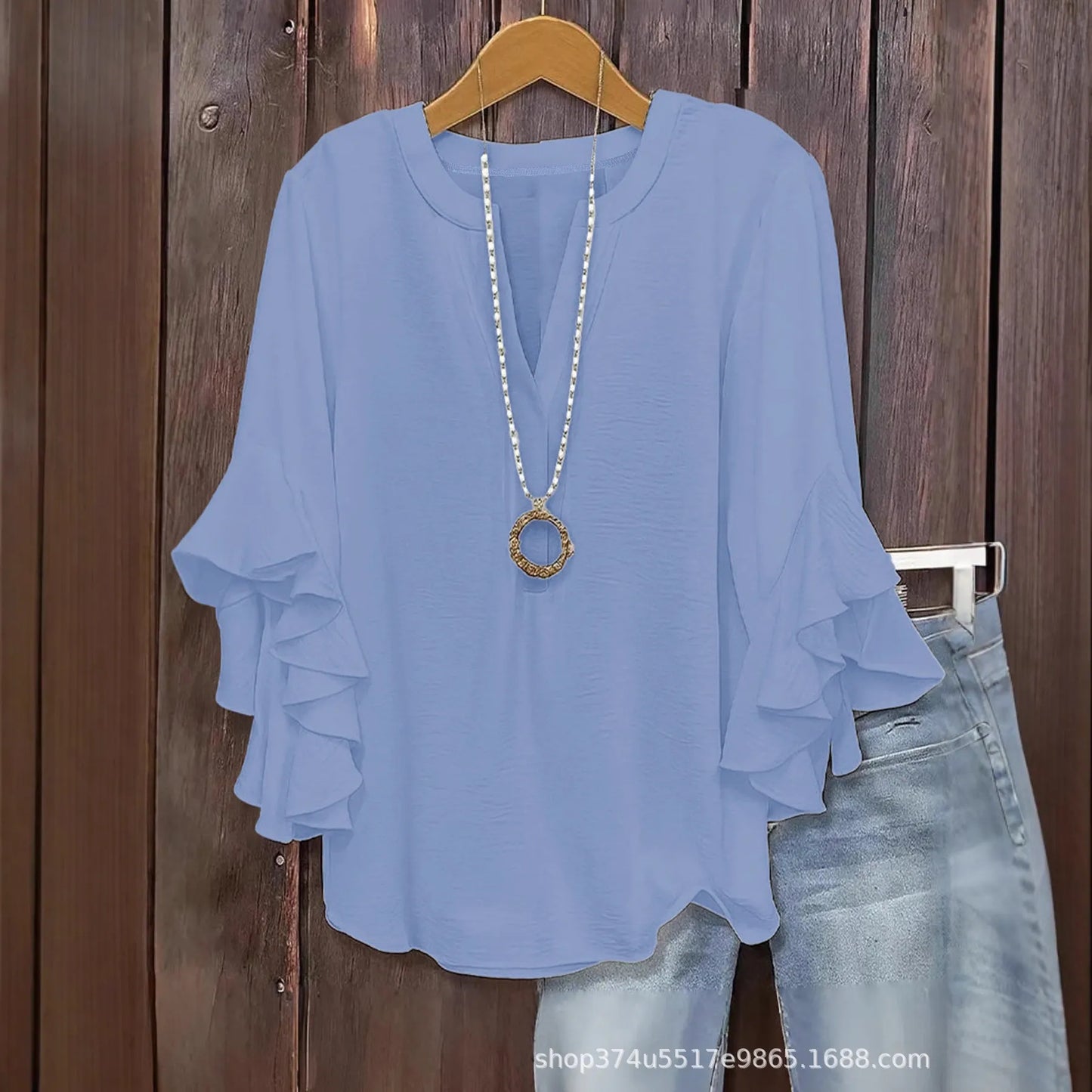 Women's V-Neck Top With Ruffle Sleeves