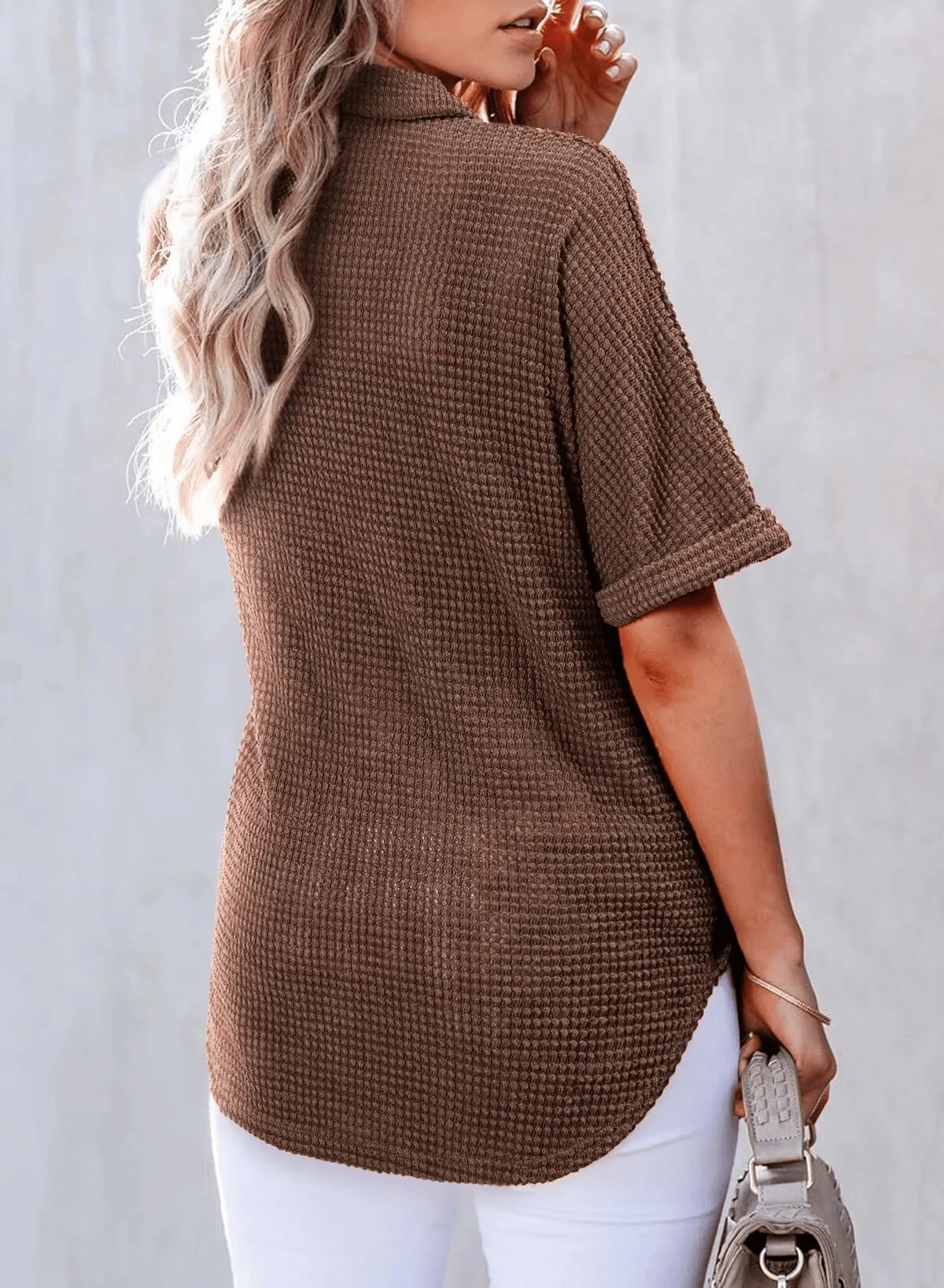 Women's Waffle Knit Short-Sleeve Tunic Henley Shirts