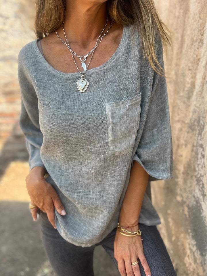 Round Neck Pocket Casual Cotton And Linen T-shirt (Buy 2 Free Shipping)