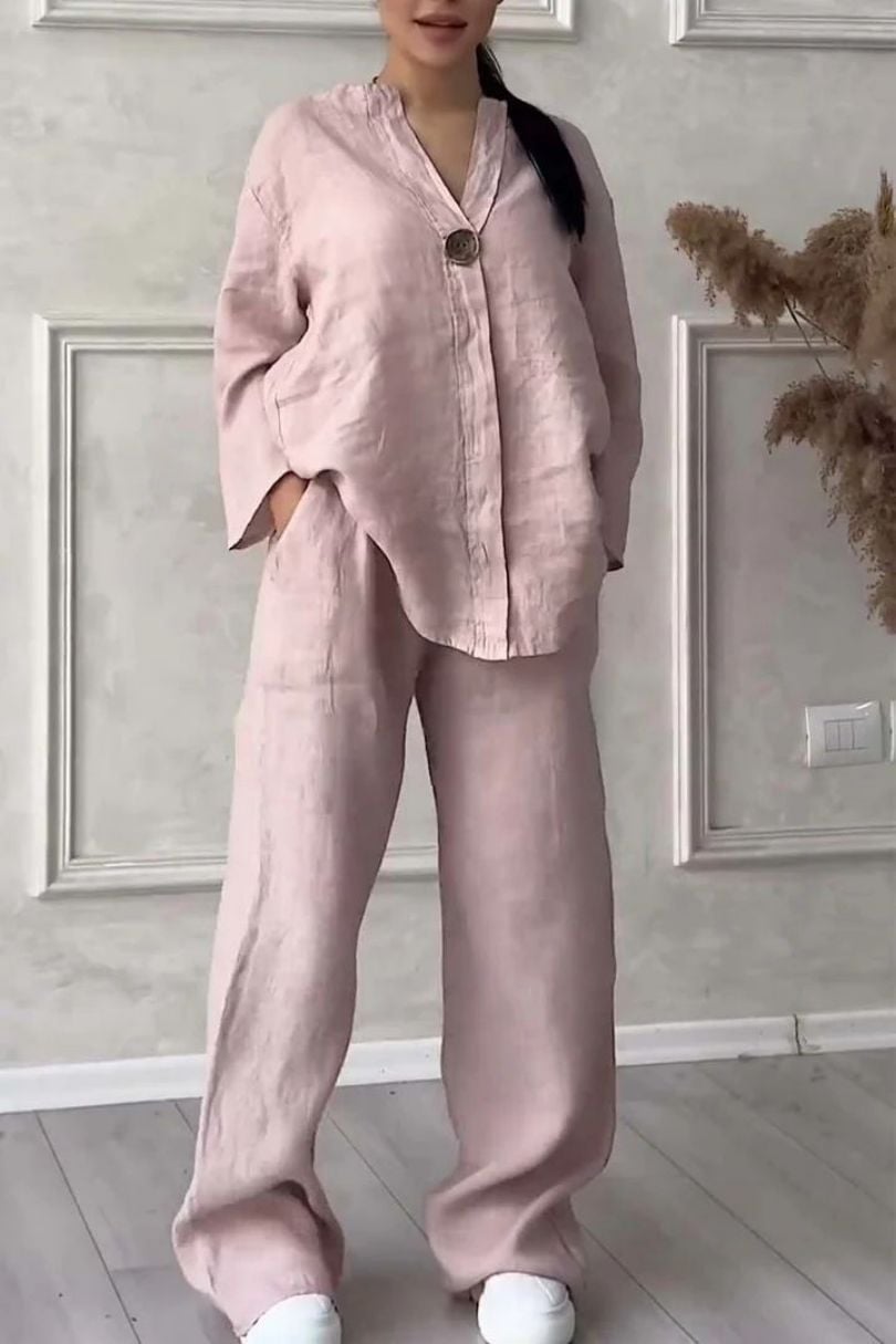 Women's Casual Button Decorated Cotton And Linen Two-Piece Set