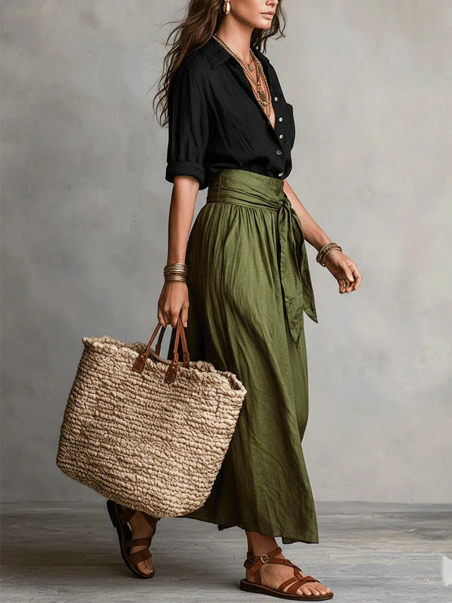 ⛱️Women Black Color-Block T-Shirt and Olive Green Midi Skirt