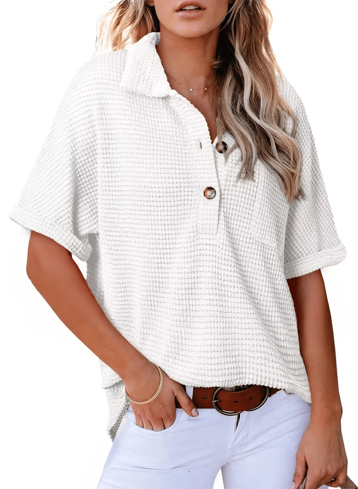 Women's Waffle Knit Short-Sleeve Tunic Henley Shirts