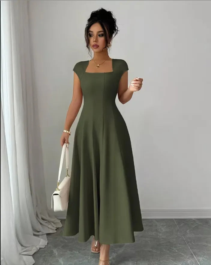 Women's Elegant Square-Neck A-Line Summer Dress