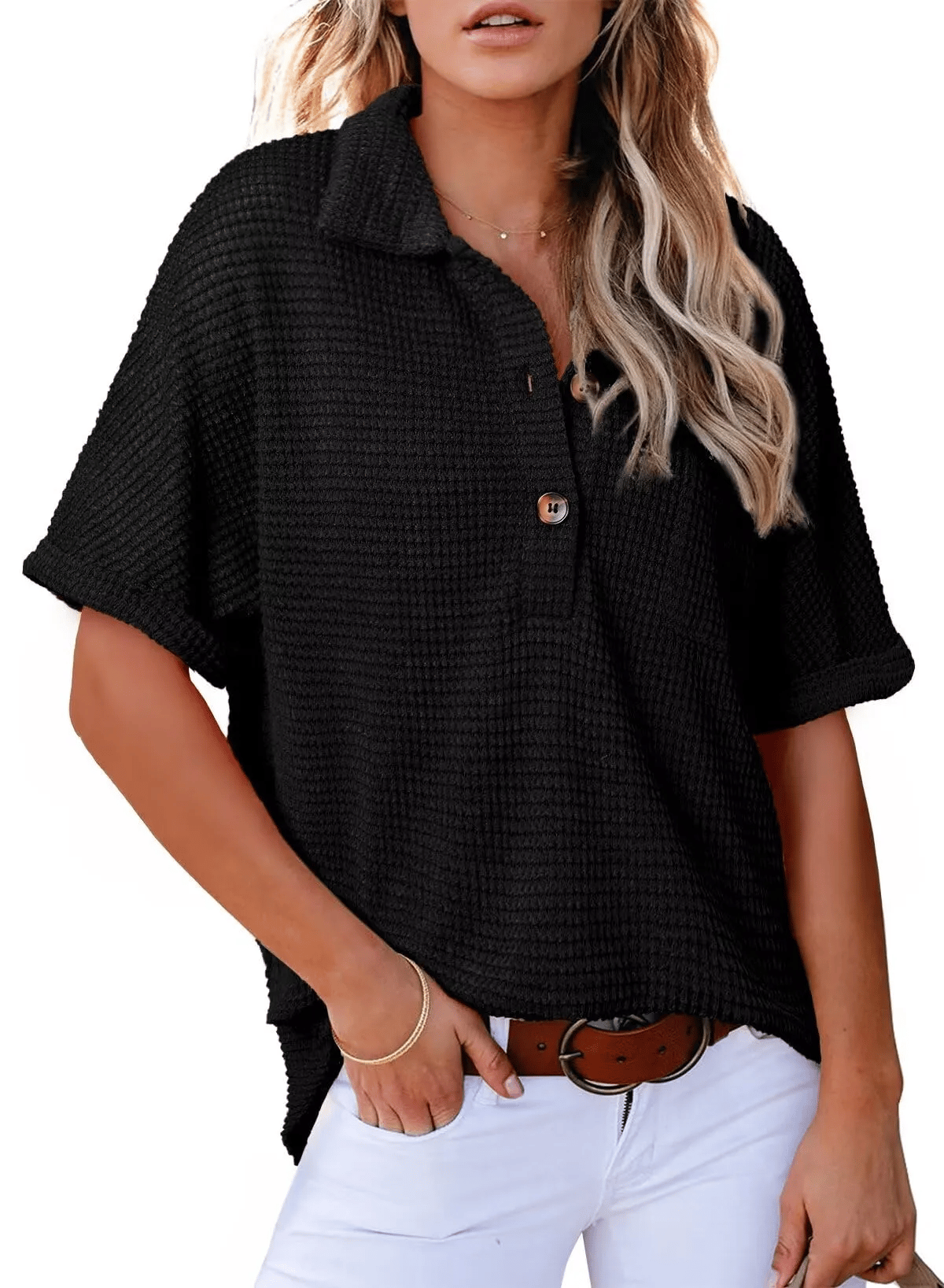 Women's Waffle Knit Short-Sleeve Tunic Henley Shirts