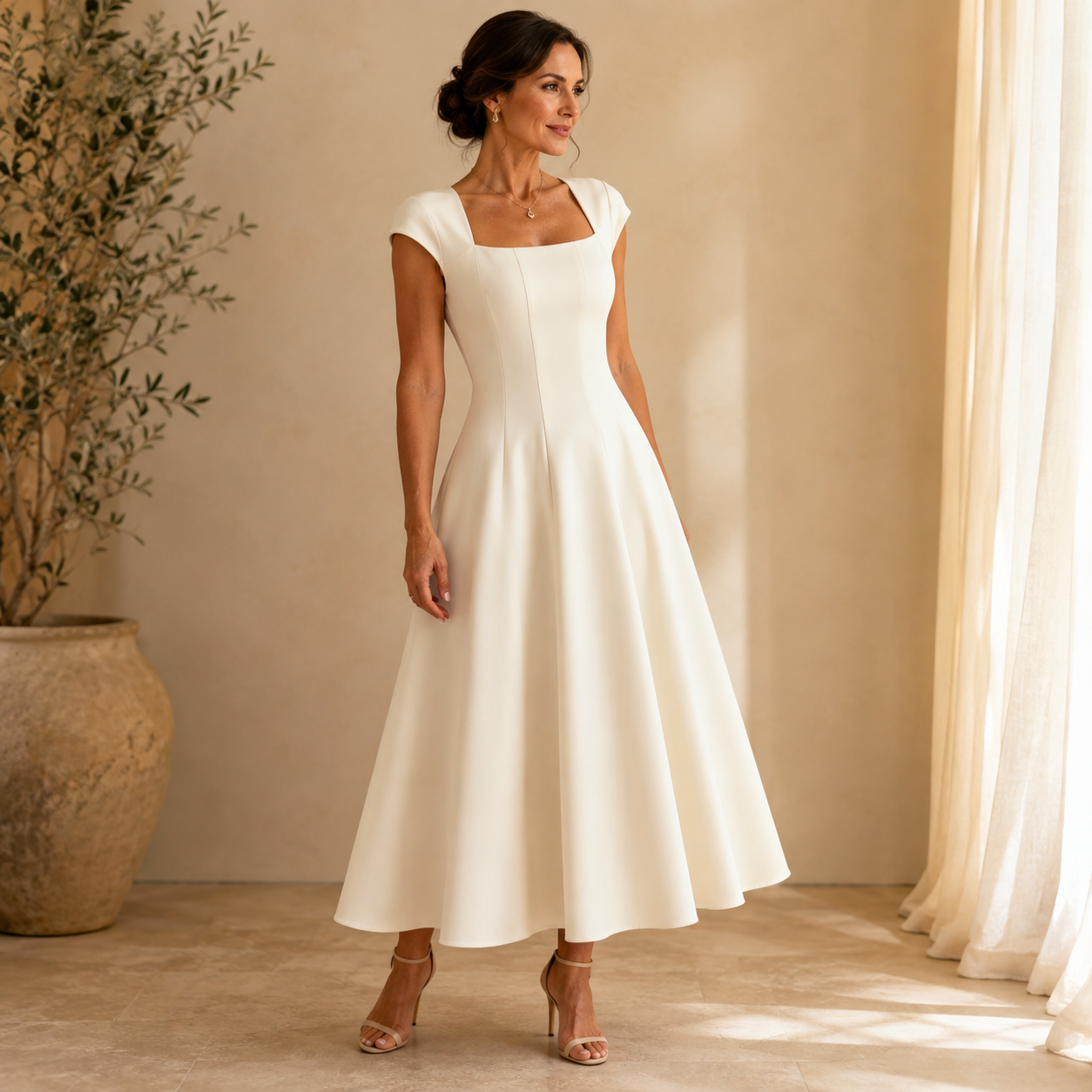 Women's Elegant Square-Neck A-Line Summer Dress