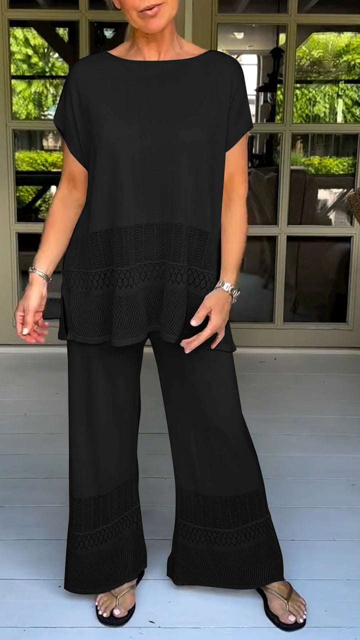 Two-Piece Suit with Round Neck, Short Sleeves and Cutout Design