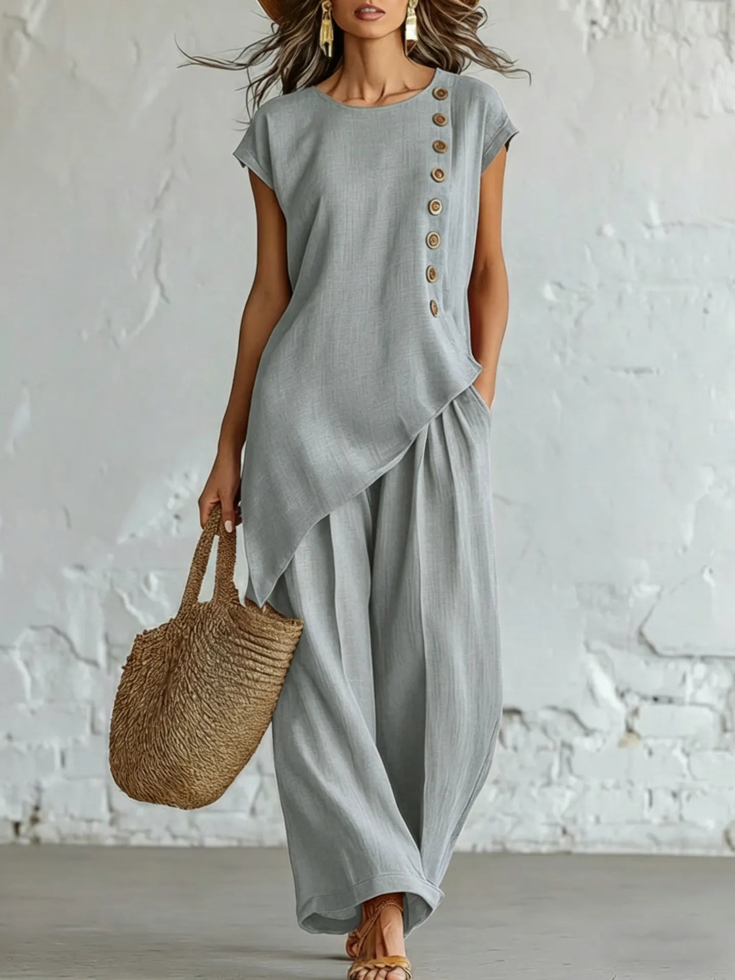 Asymmetrical Short-Sleeved Top And Wide-Leg Trousers Set