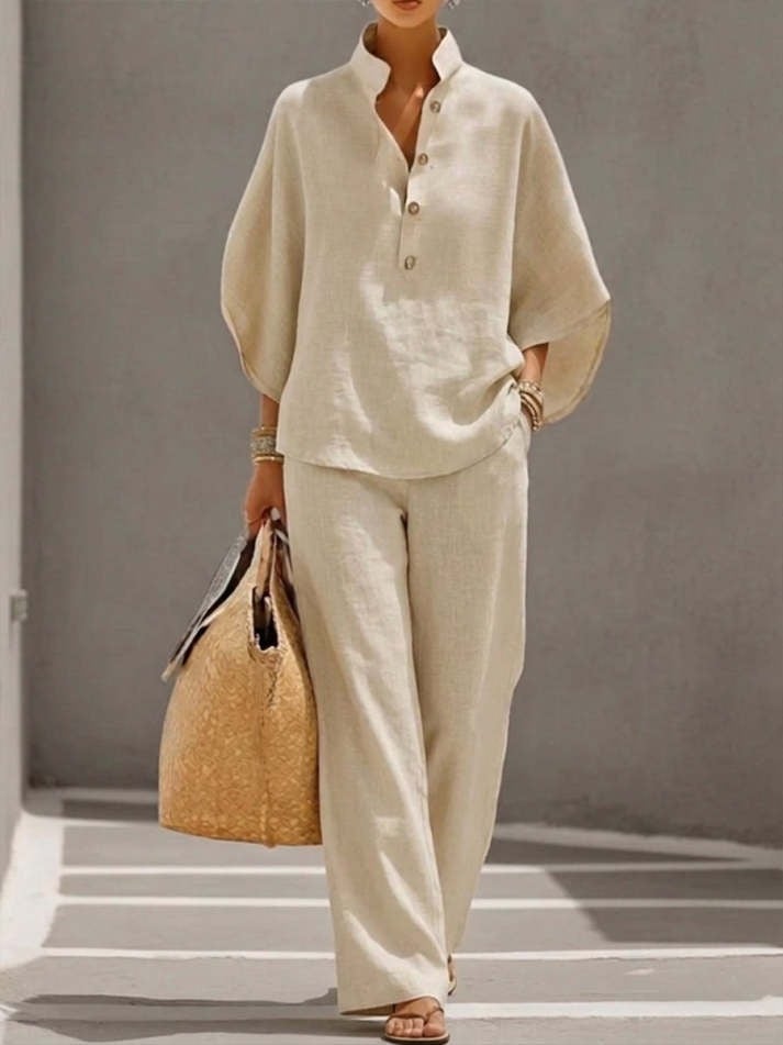 Women Batwing Sleeve Linen Cotton Two-Piece Set – Casual Shirt & Wide Leg Pants Outfit