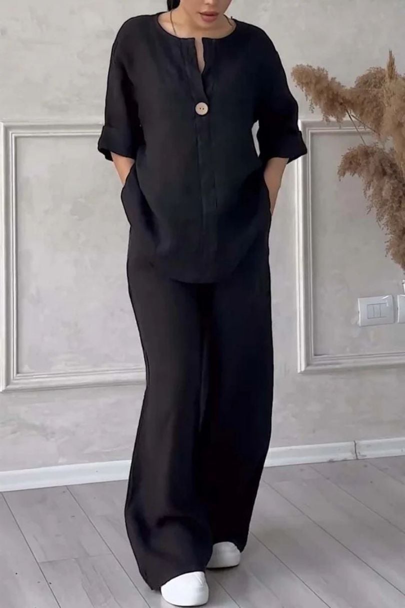 Women's Casual Button Decorated Cotton And Linen Two-Piece Set